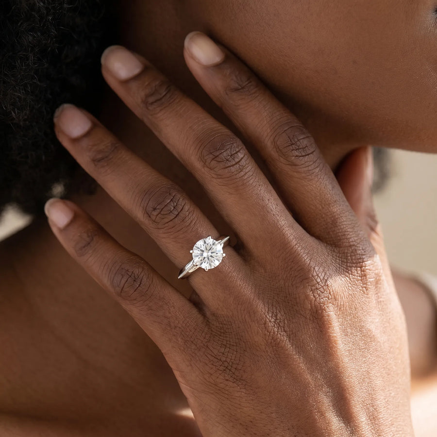 White gold Round Diamond Solitaire Ring with Beaded Band and Four-Prong Setting