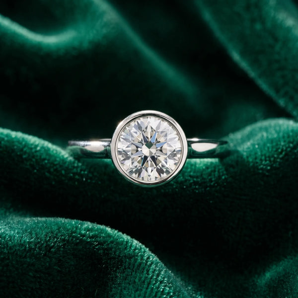 White gold Round Diamond Solitaire Ring with Bezel Setting and Classic Band