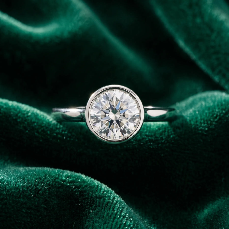 White gold Round Diamond Solitaire Ring with Bezel Setting and Classic Band