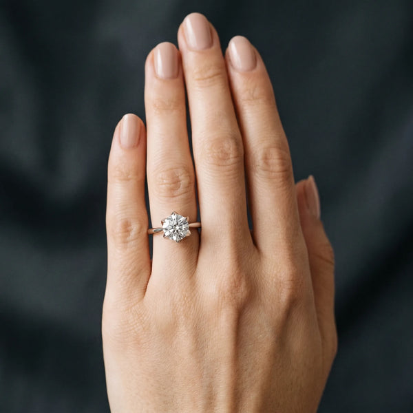 White gold Round Diamond Solitaire Ring with Classic Band and Six-Prong Setting