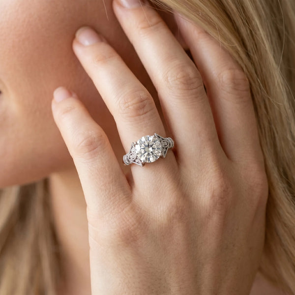 White gold Round Diamond Solitaire Ring with Floral Filigree and Pave Accents