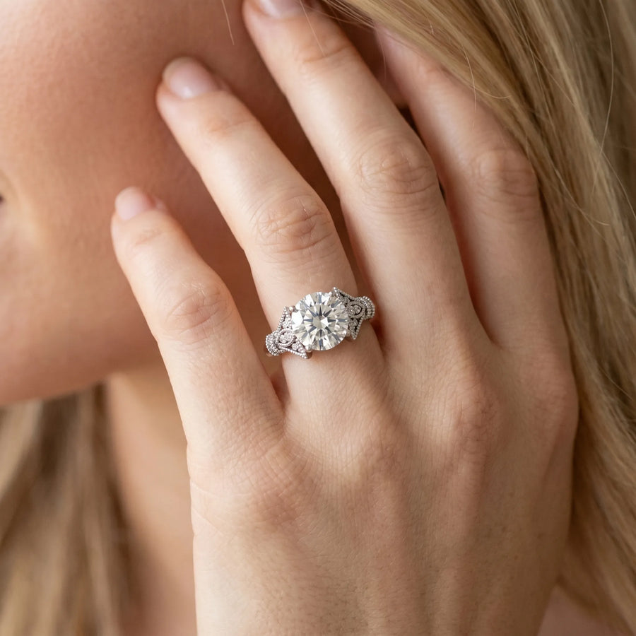 White gold Round Diamond Solitaire Ring with Floral Filigree and Pave Accents