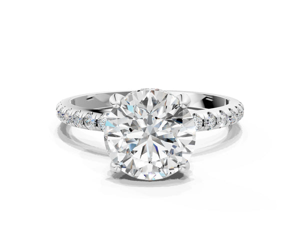 White gold Round Diamond Solitaire Ring with Four-Prong Setting and Pavé Band