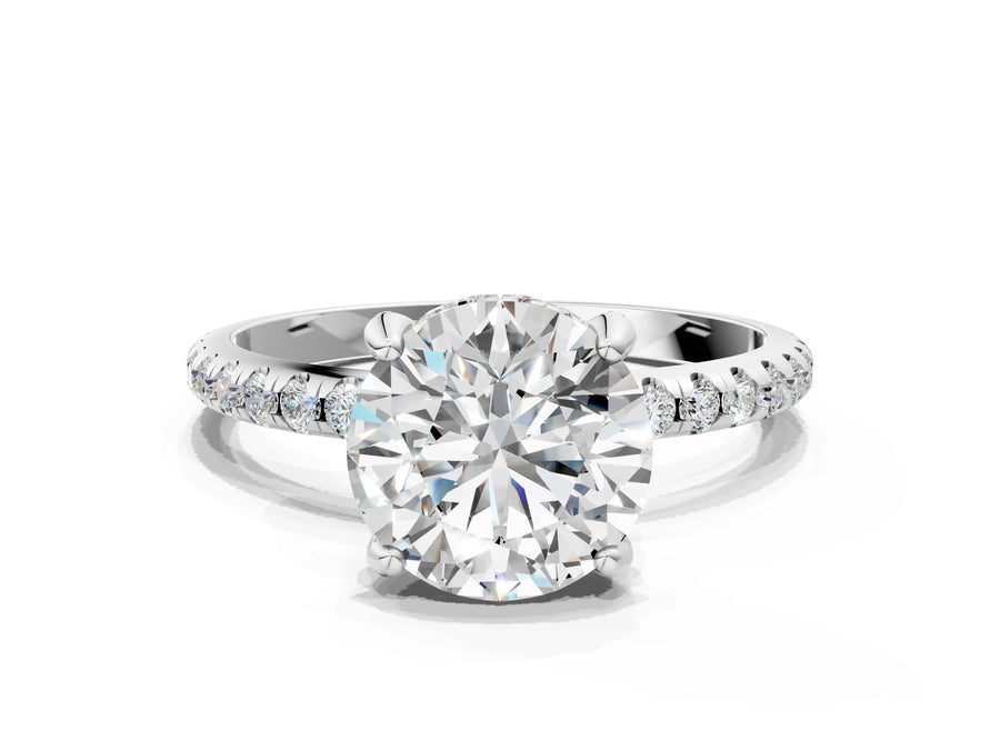 White gold Round Diamond Solitaire Ring with Four-Prong Setting and Pavé Band