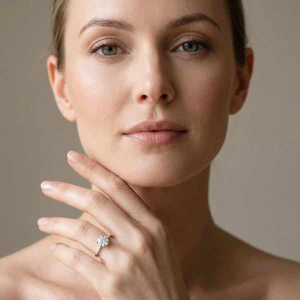 White gold Round Diamond Solitaire Ring with Pavé Accent Band and Four-Prong Setting