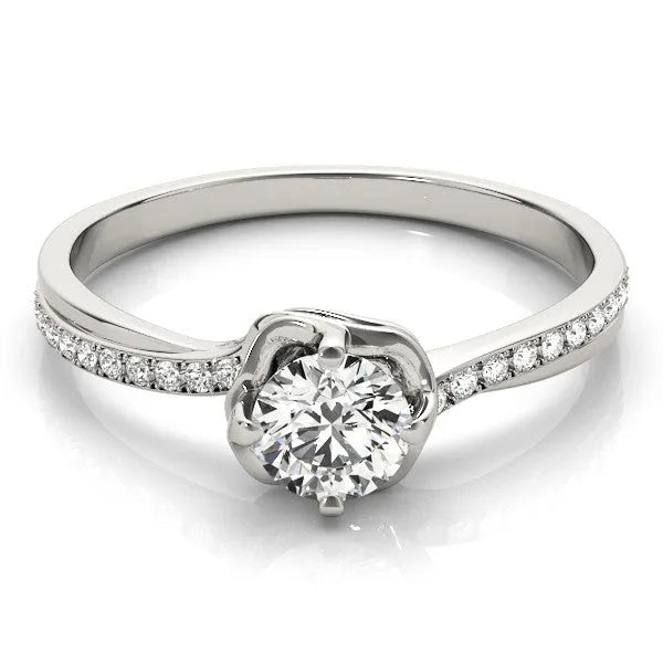 White gold Round Diamond Solitaire Ring with Pavé Band and Sculpted Prong Setting
