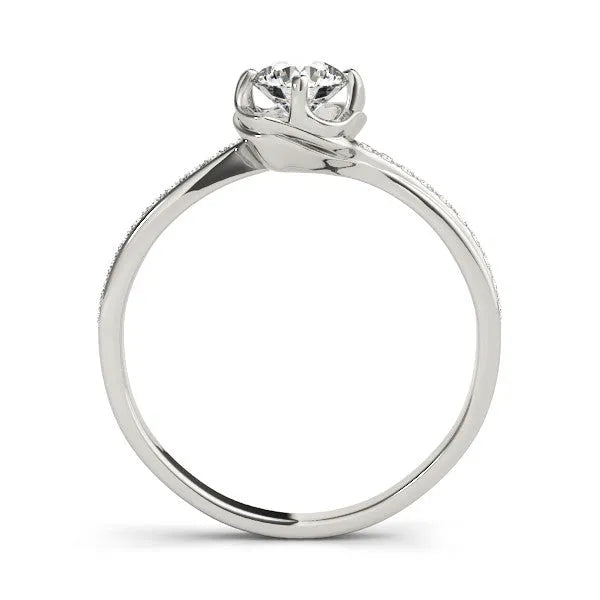 White gold Round Diamond Solitaire Ring with Pavé Band and Sculpted Prong Setting