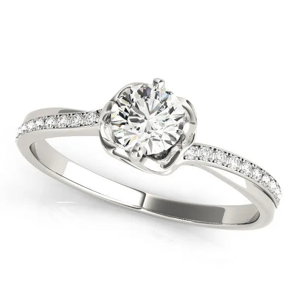 White gold Round Diamond Solitaire Ring with Pavé Band and Sculpted Prong Setting
