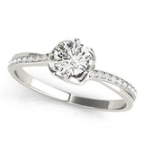 White gold Round Diamond Solitaire Ring with Pavé Band and Sculpted Prong Setting