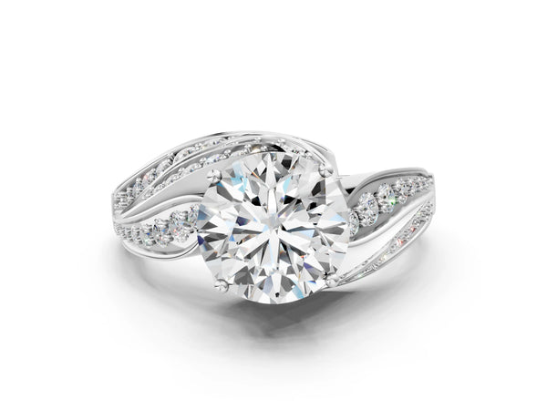 White gold Round Diamond Solitaire Ring with Prong Setting and Twisted Pavé Band