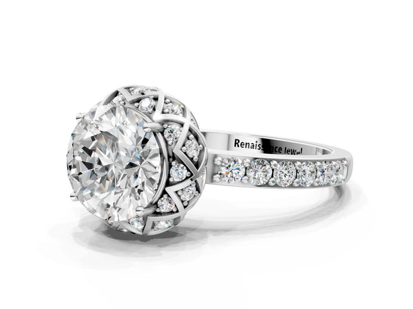 White gold Round Diamond Solitaire Ring with Shared Prong Pavé Band