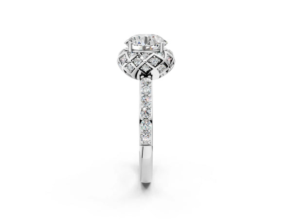 White gold Round Diamond Solitaire Ring with Shared Prong Pavé Band