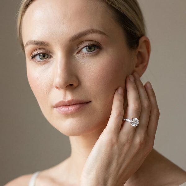White gold Round Diamond Solitaire with Pave Band and Six-Prong Setting