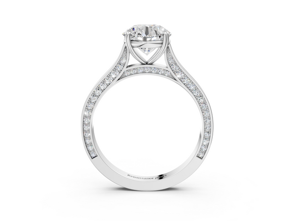 White gold Round Diamond Solitaire with Pave Band and Six-Prong Setting