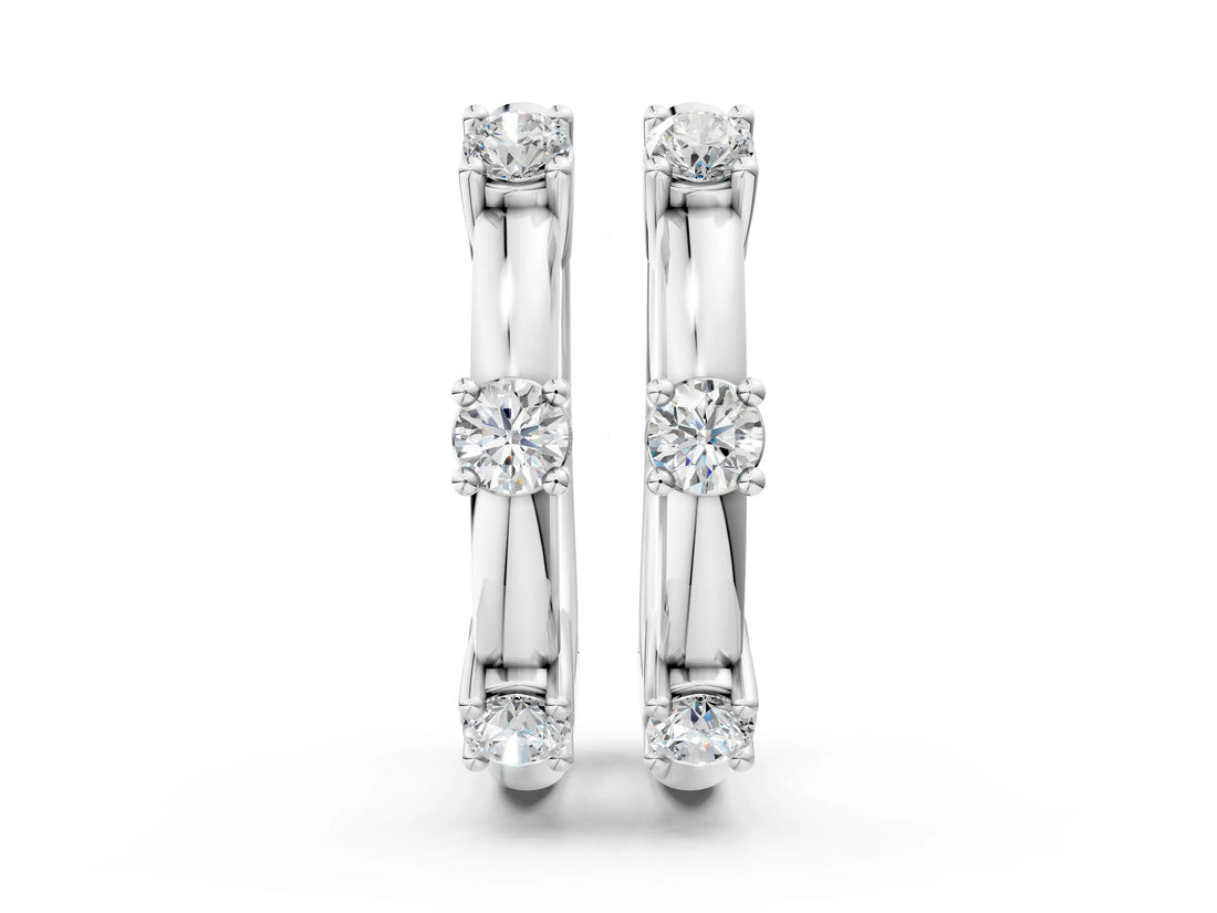 White gold Round Diamond Station Huggie Hoop Earrings_18