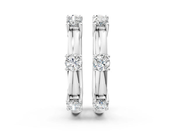 Silver Round Diamond Station Huggie Hoop Earrings