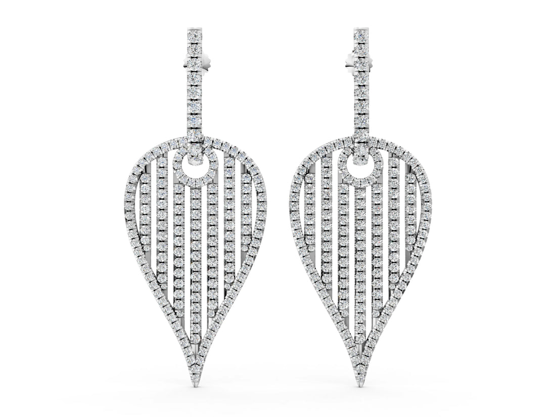 White gold Round Diamond Striped Teardrop Statement Drop Earrings_16