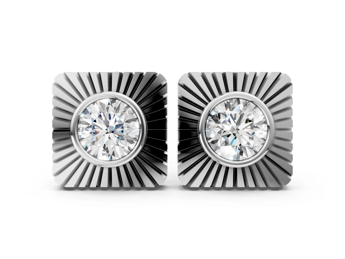 White gold Round Diamond Sunburst Square Stud Earrings_6