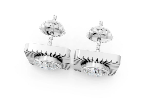 Platinum Round Diamond Sunburst Square Stud Earrings