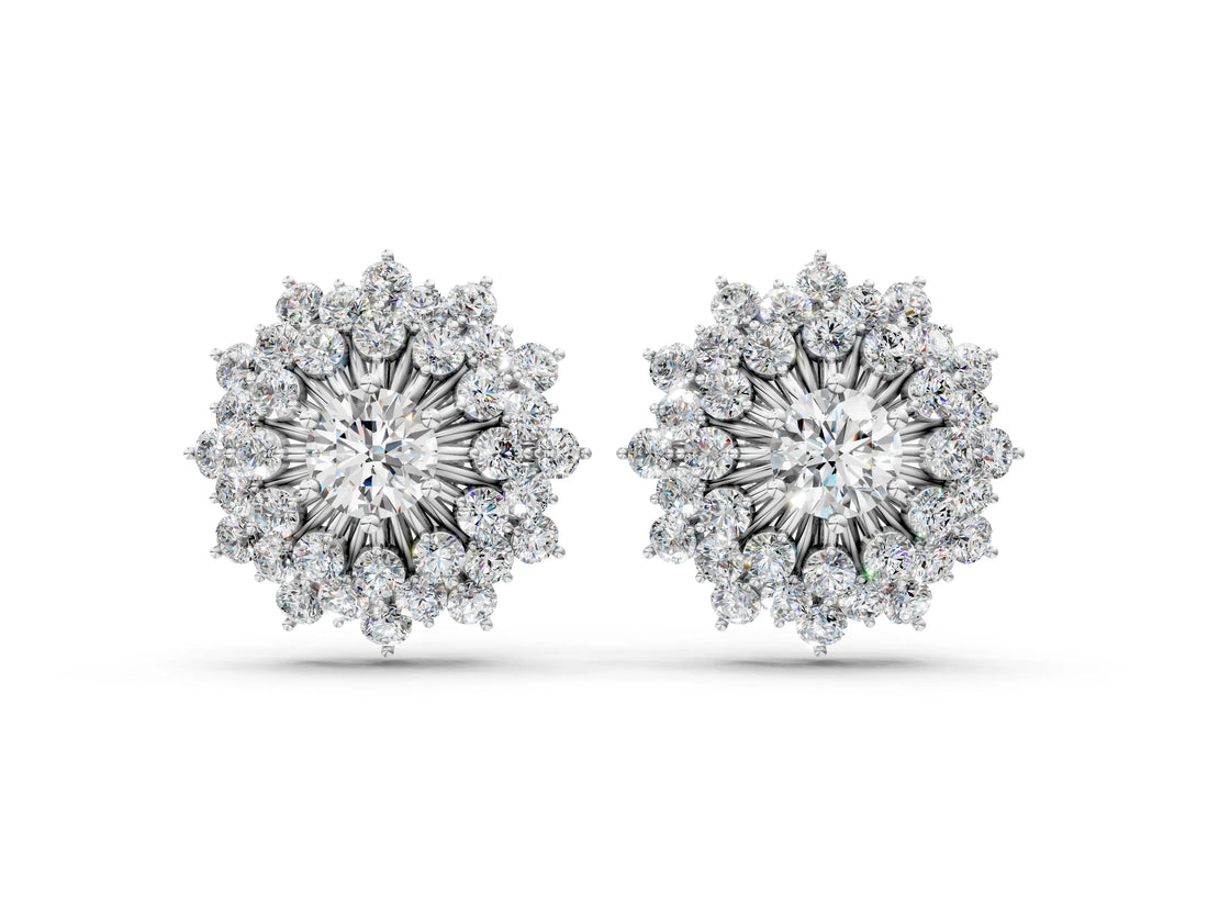 White gold Round Diamond Sunburst Stud Earrings