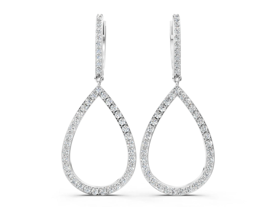 White gold Round Diamond Teardrop Drop Earrings