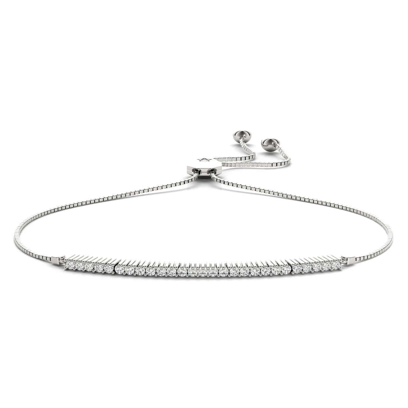 White gold Round Diamond Tennis Bracelet with Box Chain and Bar Prong Setting