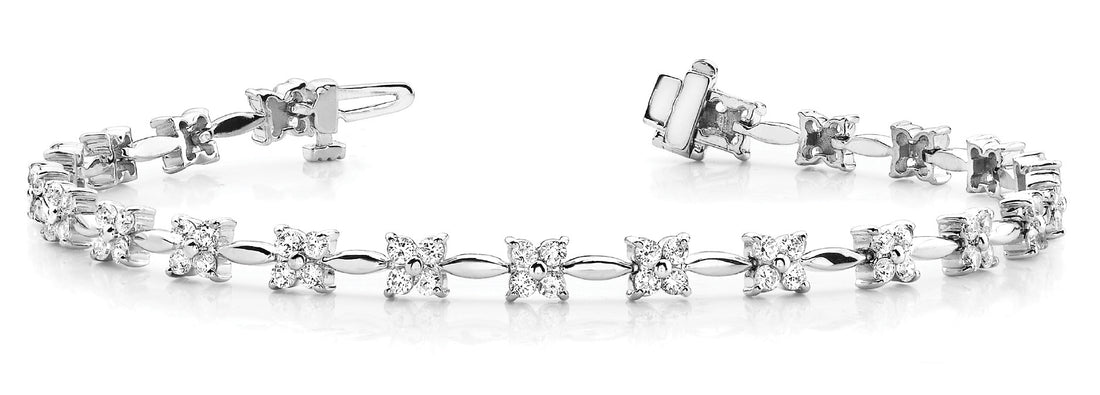 White gold Round Diamond Tennis Bracelet with Flower Cluster Setting and Four-Prong Design