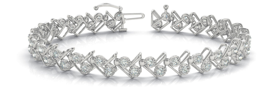 White gold Round Diamond Tennis Bracelet with Geometric Link Band and Four-Prong Setting