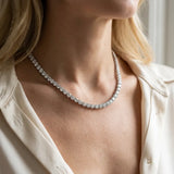 14K White Gold 10.15 Carat E VS Round Diamond Tennis Necklace with Four-Prong Setting