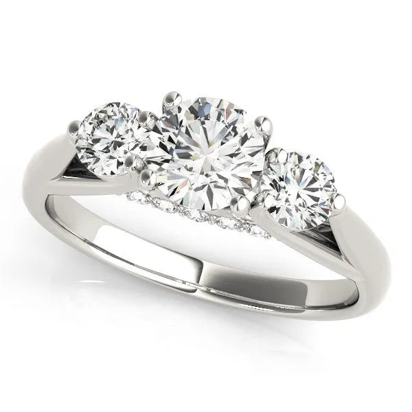 White gold Round Diamond Three-Stone Engagement Ring with Prong Setting and Pavé Band