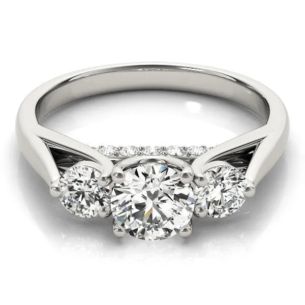 White gold Round Diamond Three-Stone Engagement Ring with Prong Setting and Pavé Band