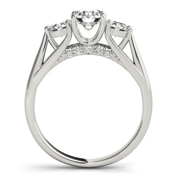 White gold Round Diamond Three-Stone Engagement Ring with Prong Setting and Pavé Band