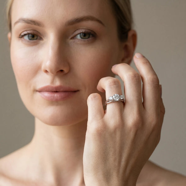 White gold Round Diamond Three-Stone Engagement Ring with Prong Setting and Pavé Band