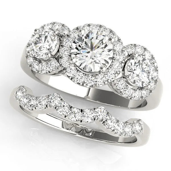 White gold Round Diamond Three-Stone Halo Ring with Prong Setting and Pavé Accents