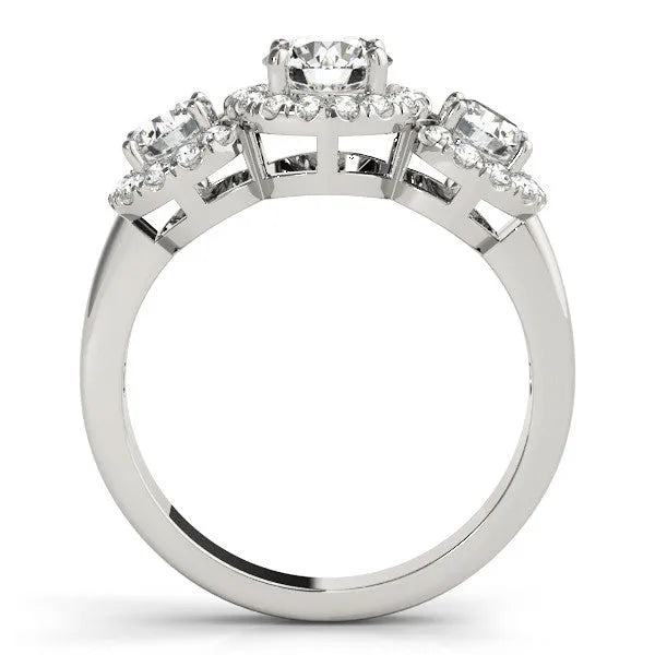 White gold Round Diamond Three-Stone Halo Ring with Prong Setting and Pavé Accents