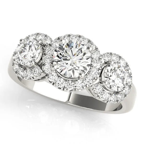 White gold Round Diamond Three-Stone Halo Ring with Prong Setting and Pavé Accents