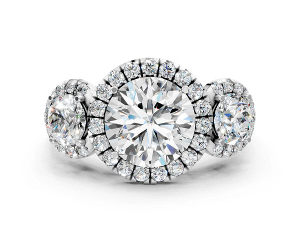White gold Round Diamond Three-Stone Halo Ring with Prong Setting and Pavé Accents