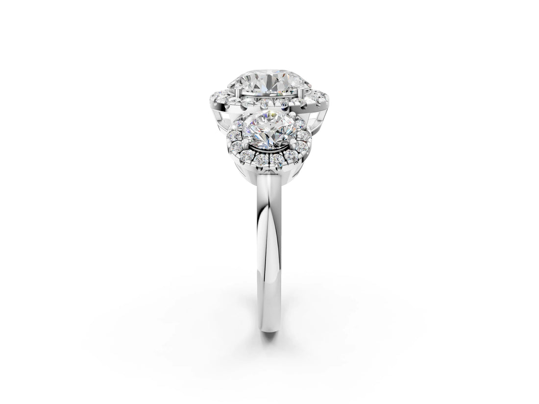 White gold Round Diamond Three-Stone Halo Ring with Prong Setting and Pavé Accents_16