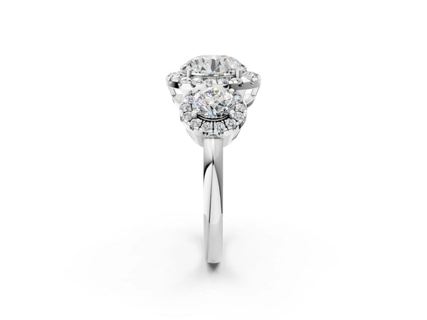 White gold Marquise Cut Diamond Three-Stone Halo Ring with Prong Setting and Pavé Accents