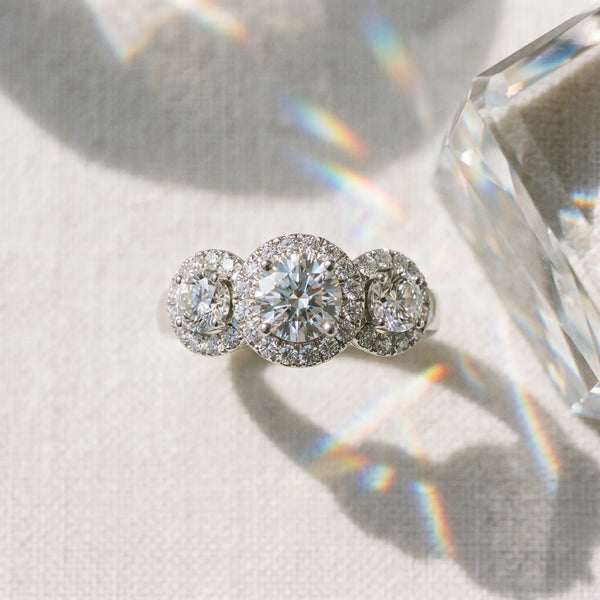 White gold Round Diamond Three-Stone Halo Ring with Prong Setting and Pavé Accents