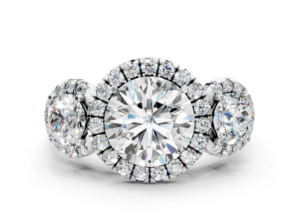 White gold Round Diamond Three-Stone Halo Ring with Prong Setting and Pavé Accents
