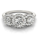 White gold Round Diamond Three-Stone Halo Ring with Prong Setting and Pavé Band 1