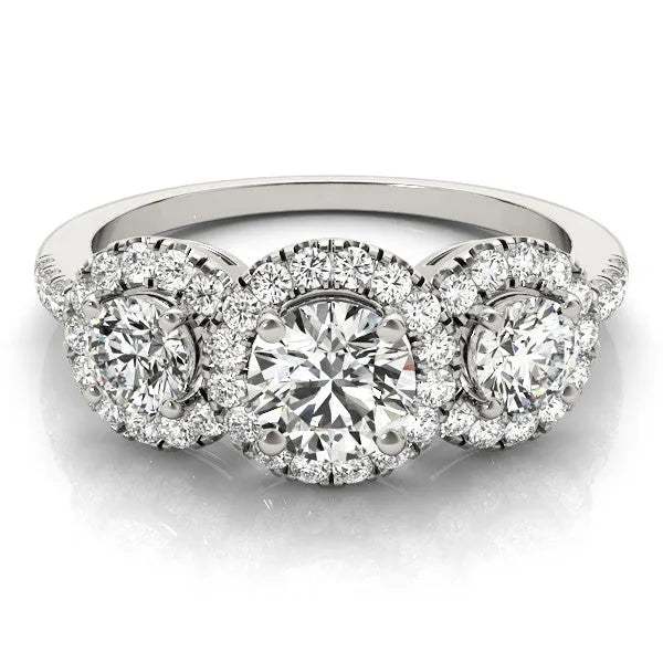 White gold Round Diamond Three-Stone Halo Ring with Prong Setting and Pavé Band