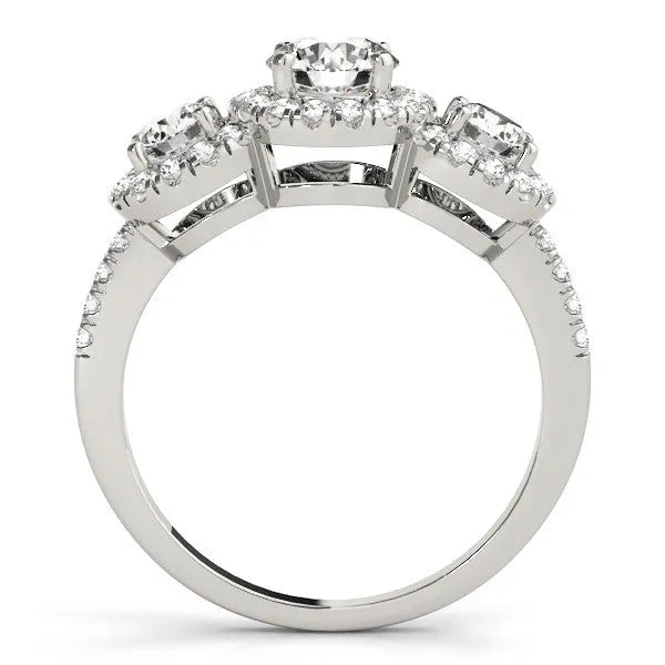 White gold Round Diamond Three-Stone Halo Ring with Prong Setting and Pavé Band