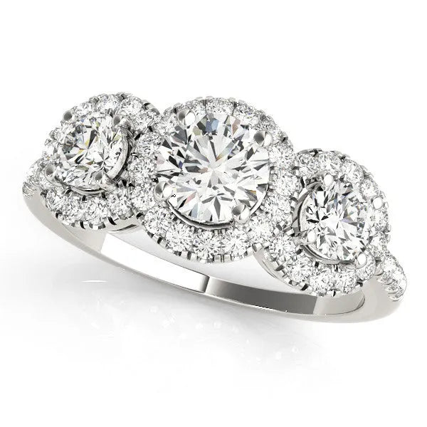 White gold Round Diamond Three-Stone Halo Ring with Prong Setting and Pavé Band