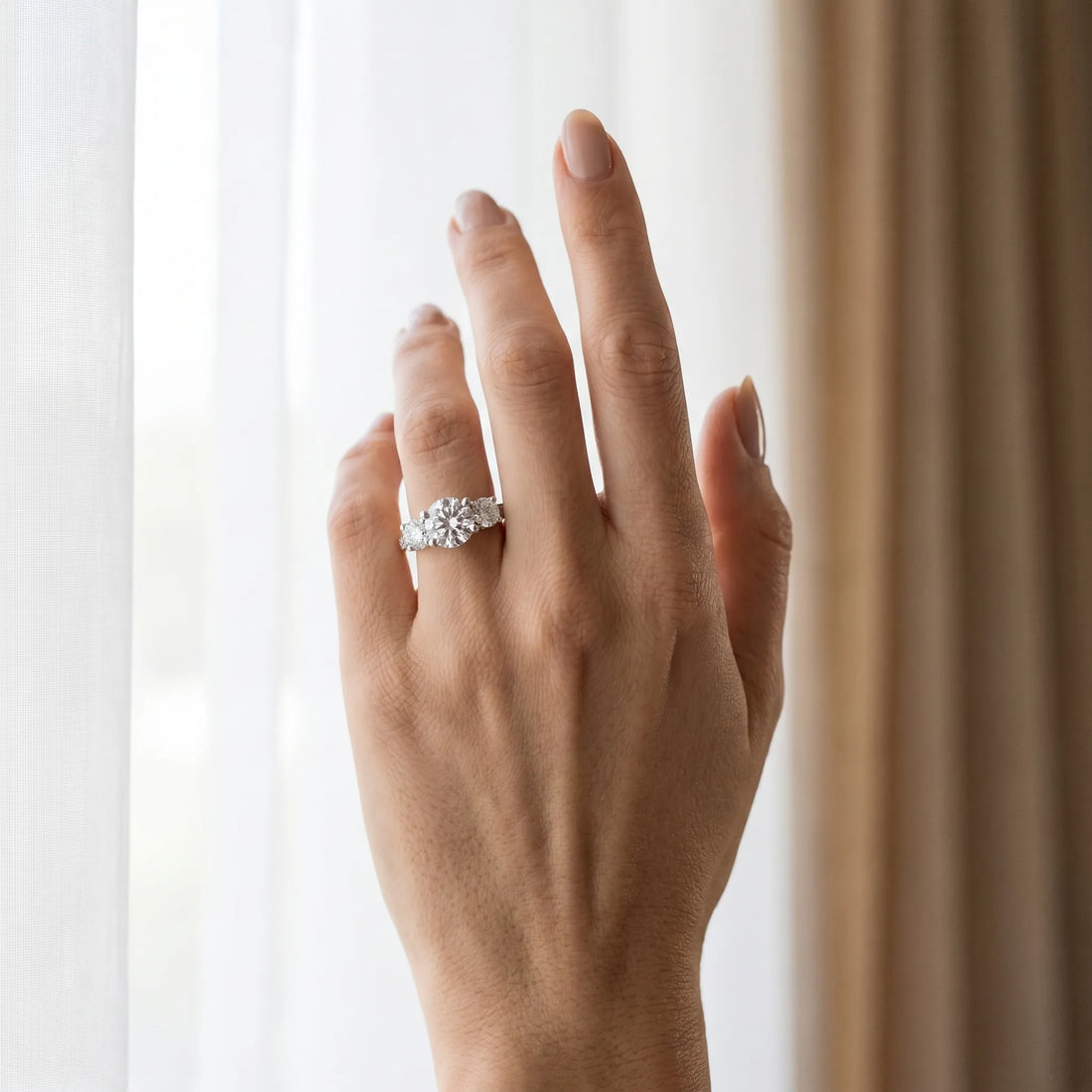 White gold Round Diamond Three-Stone Ring with Four-Prong Setting and Pavé Band_22
