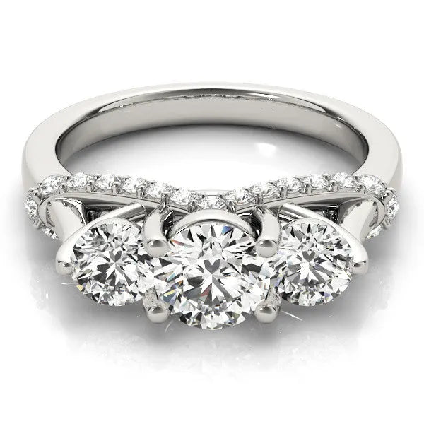 White gold Round Diamond Three-Stone Ring with Prong Setting and Pavé Band
