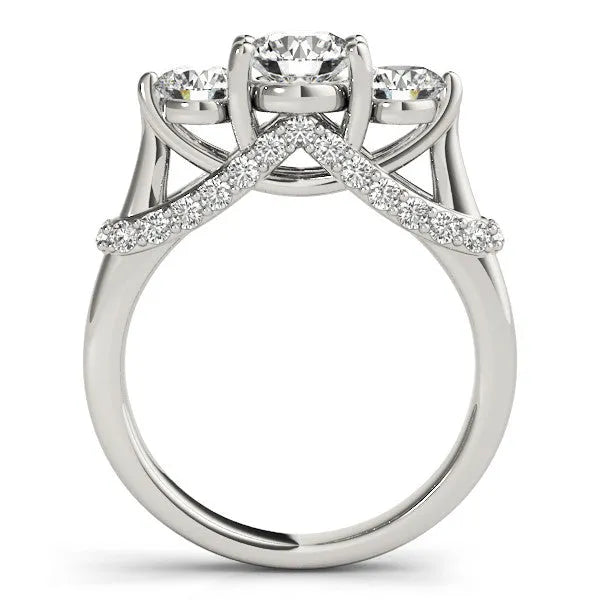 White gold Round Diamond Three-Stone Ring with Prong Setting and Pavé Band