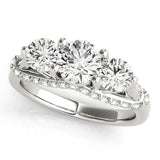 White gold Round Diamond Three-Stone Ring with Prong Setting and Pavé Band