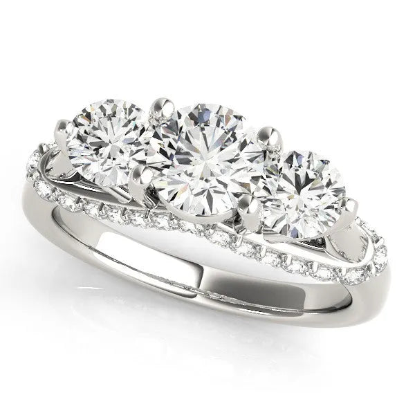 White gold Round Diamond Three-Stone Ring with Prong Setting and Pavé Band